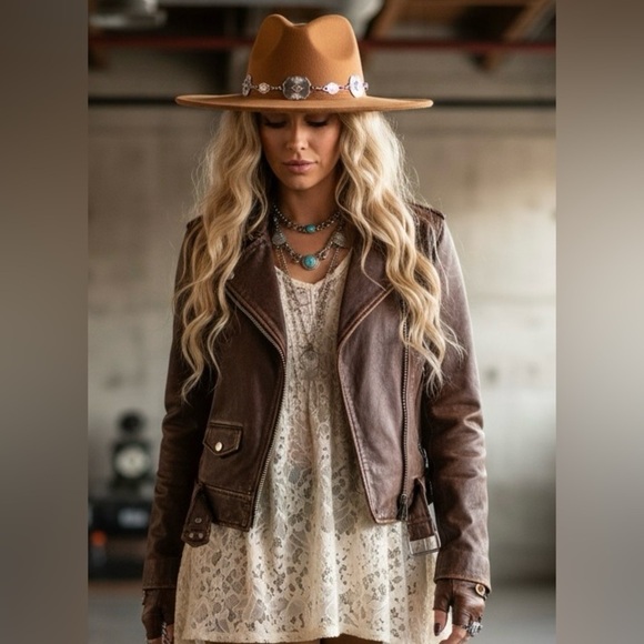 None Accessories - NWT Boho Concho Belted Tan Camel Wide Brimmed Hat